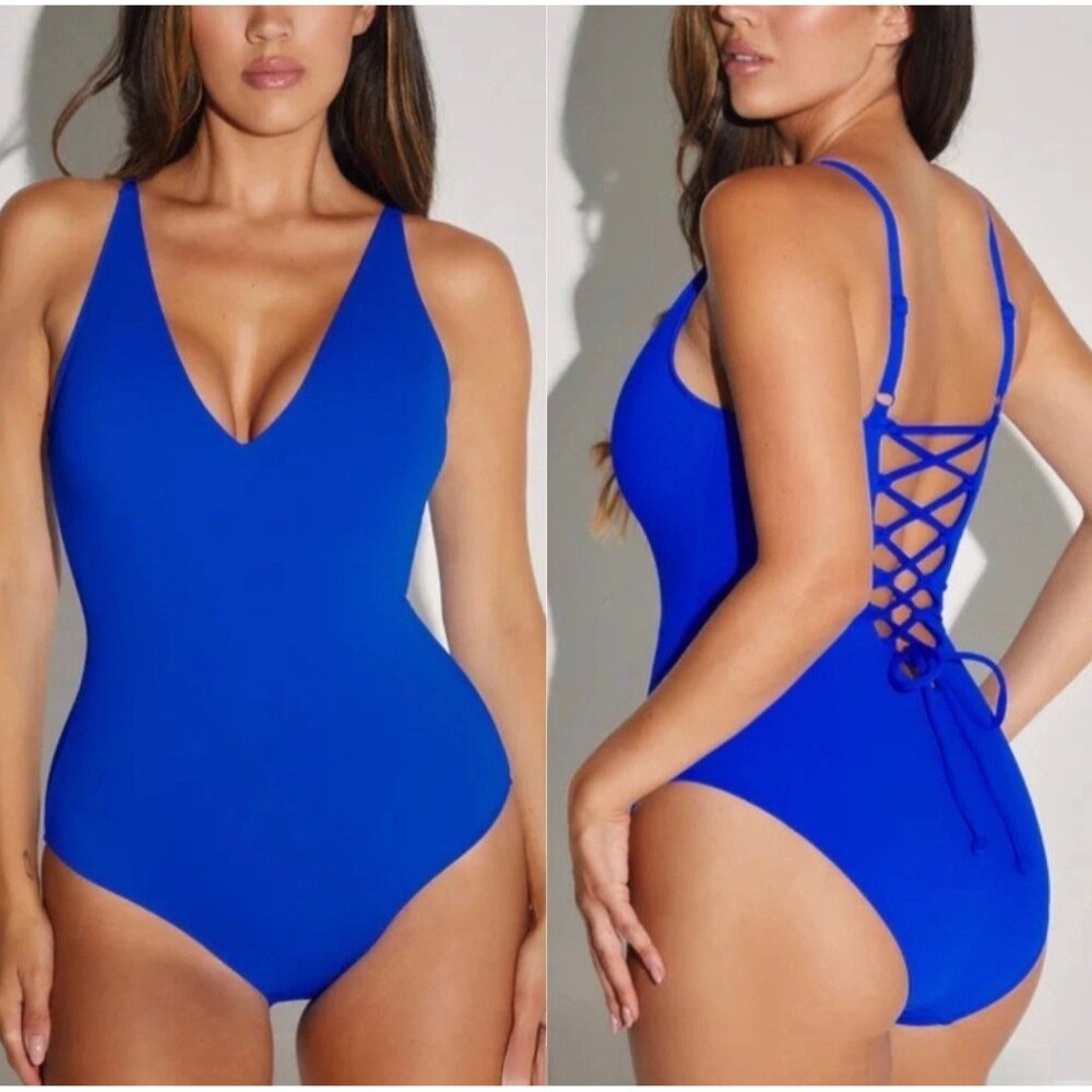 New TA3 Plungey L‎ Short One Piece Swimsuit Sapphire Blue Summer Beach Vacation